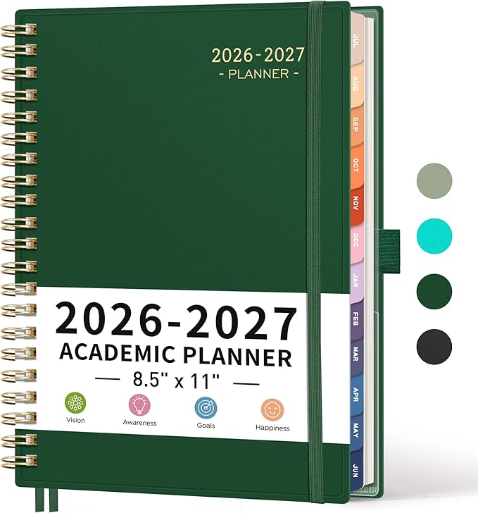 RETTACY Academic Planner 2026-2027, Weekly and Monthly, July 2026 - June 2027, Large Size (8.5" x 11"), Calendar, Agenda, 12-Month Tabs, for Student, Teacher, School (Dark Green)