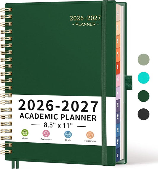 RETTACY Academic Planner 2026-2027, Weekly and Monthly, July 2026 - June 2027, Large Size (8.5" x 11"), Calendar, Agenda, 12-Month Tabs, for Student, Teacher, School (Dark Green)