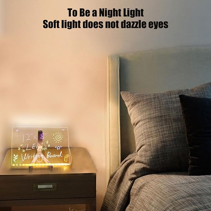 LED Note Board with Colors, Acrylic Dry Erase Board with Light and Stand, Glow Memo Letter Board Note Glass Led White Board with 7 Pen for Office School Home