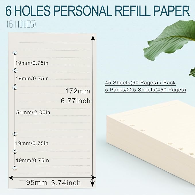 A6 Refill Paper, [5 Pack] Toplive 100GSM Thick Refillable Paper 6 Hole Filler Inserts Loose Leaf Paper 225 Sheets (450 Pages) for 6 Ring Binder Journal Notebook-Lined Paper