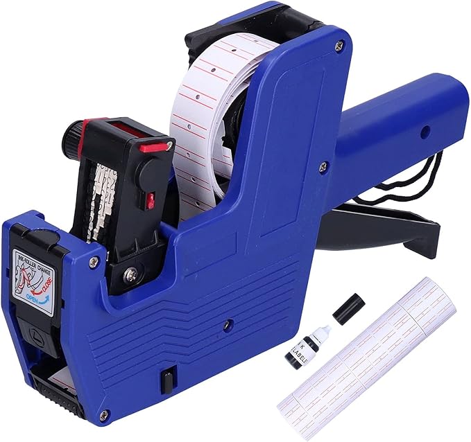 Price, Label Applicator Price Tag 8 Digits Price Tag Coding Machine with 10pcs White Red Lines Sticker Labels + Ink Blue