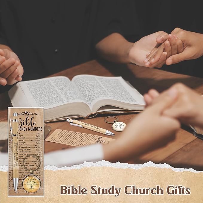 Dunzoom 25set 75pcs Fathers Day Christian Gift Emergency Numbers Bookmark Bible Verse Pen Religious Scripture Keychain for Women Men Coworker Church Prayer Baptism Souvenir Study Group(Wood Color)