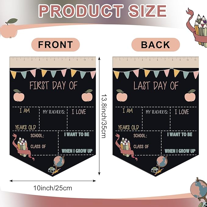 First and Last Day of School Chalkboard Sign 13.8 x 10 Inch Reusable Double Sided First Day of School Sign for Graduation Kids Preschool Kindergarten (Flags Pastel Style)