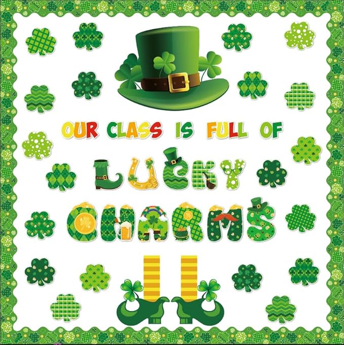 St.Patricks Day Bulletin Board Decorations Set Lucky Shamrock Borders Cutouts Our Class is Full of Lucky Charms Bulletin Board Borders for Green Irish Holiday School Home Chalkboard Wall Door Decor
