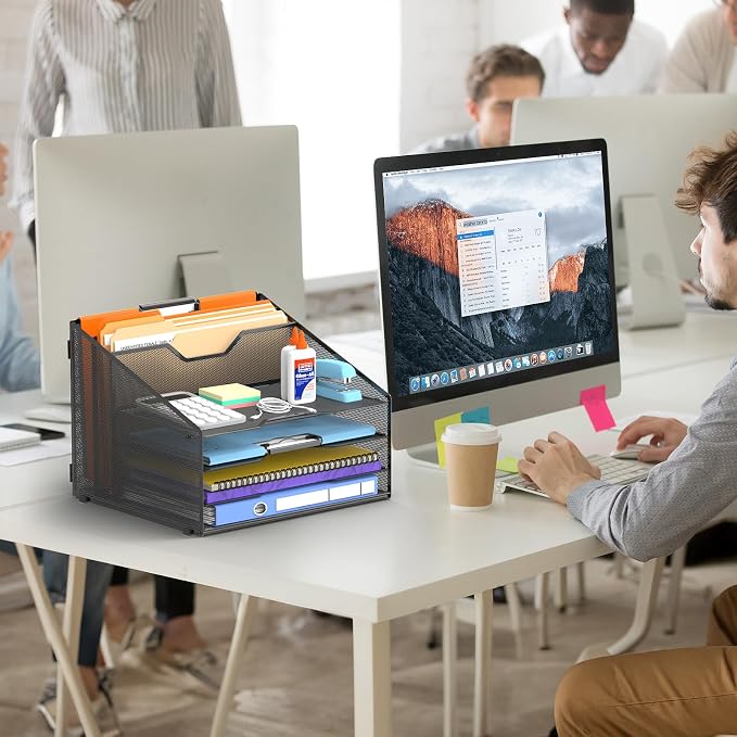 Desk File Organizer, Paper Organizer with 4 Letter Trays and 2 Vertical Upright Sections, Desk Organizers and Accessories for Office, School, Home, Black