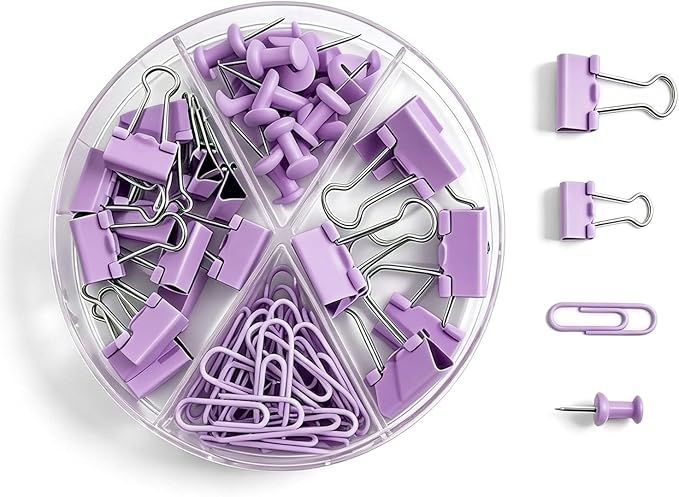 4-in-1 Office Supplies Kit, Assorted Desk Accessories Organizer Set with Binder Clips, Paper Clips & Push Pins, Aesthetic Stationery Fasteners for School College Dorm Home Office Decor - Purple