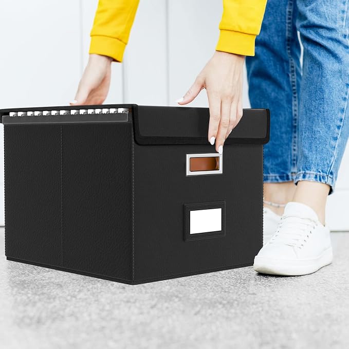 Portable Leather File Organizer Boxes with Lids, Office Document Boxes Organizer, Filing Boxes, Decorative Small File Boxes for Hanging Files with Plastic Slide for Office/Decor/Home