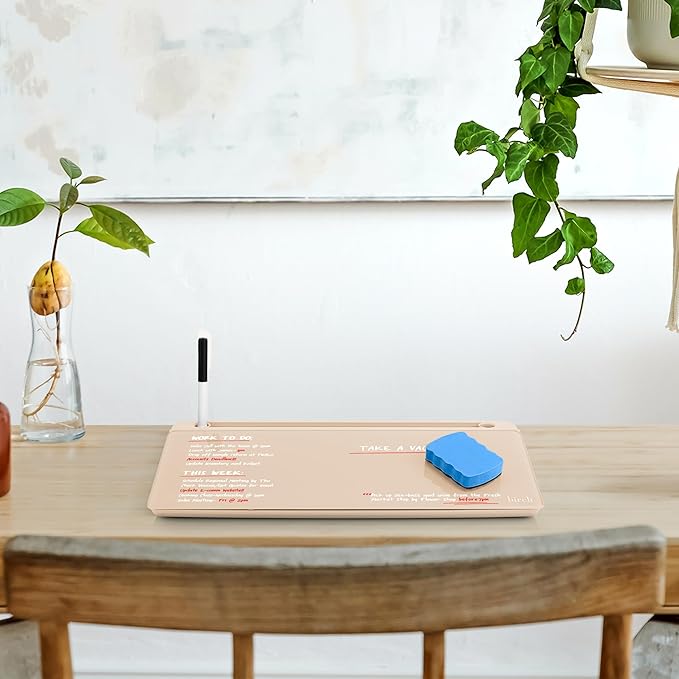 Birch Small Desktop Whiteboard – Glass Dry Erase Board Desk Pad Keyboard Stand with Storage Compartment Adjustable Dividers 3 Markers, Eraser & Holder – Perfect for Office, Home, & School (Sand)