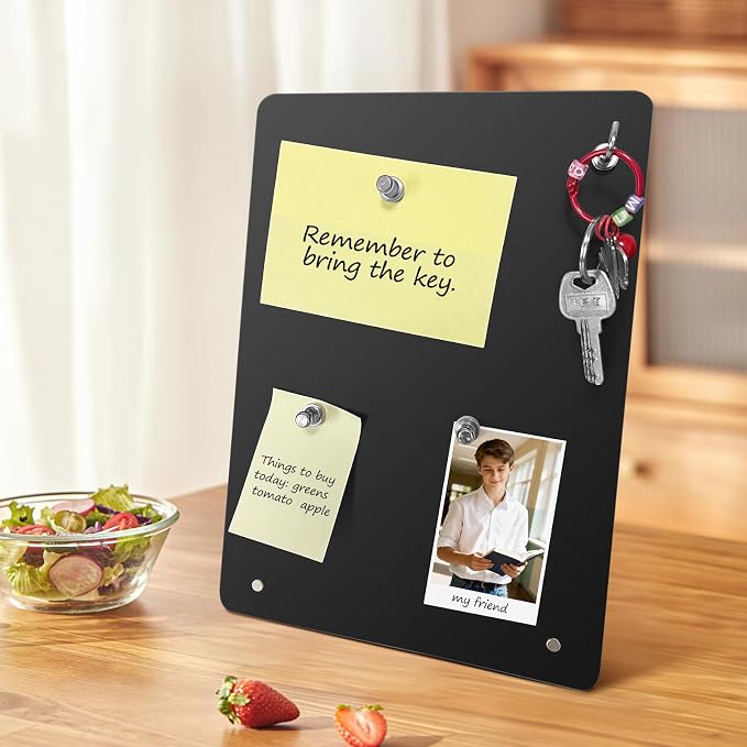 Magnetic Metal Display Bulletin Board, 4 Pack, Black Vertical | 11x8 Inch, Includes 12 Magnets, For Memos Messages Photos, Home School Kitchen Office
