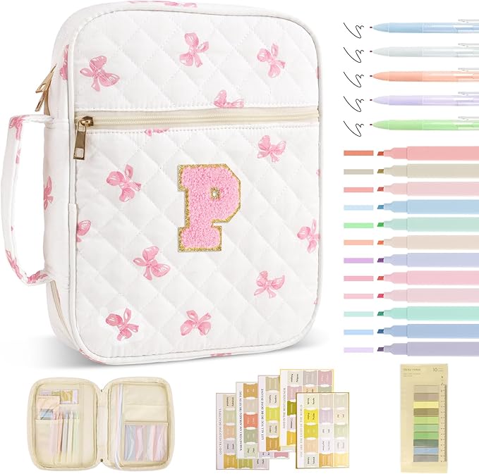Personalized Initial Bible Cover Case for Women Girls Kid - Large Quilted Bible Case with Handle, Stylish Chenille Letter Bag Study Supplies, Perfect Christmas Gifts for ChristiansWomen (Pink Bow-P)