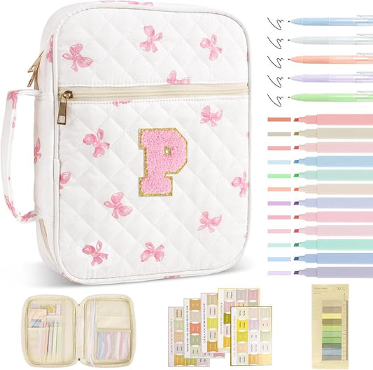 Personalized Initial Bible Cover Case for Women Girls Kid - Large Quilted Bible Case with Handle,Chenille Letter Bag Study Supplies,Christmas Gifts for Christians Birthday Graduation(Pink Bow-P)