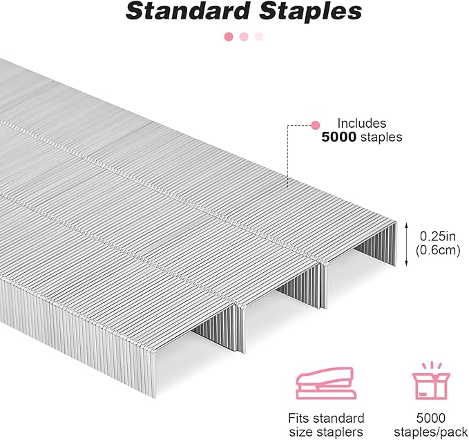 Stapler with 5000 Staples - Office Stapler, 25 Sheet Capacity, Staplers for Desk, Non-Slip, Pink