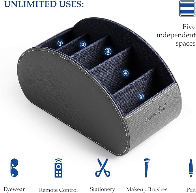 BONNY DODO Remote Control Holders Organizer Box with 5 Compartment PU Leather Multi-functional Office Desk Storage Caddy Store (Grey)