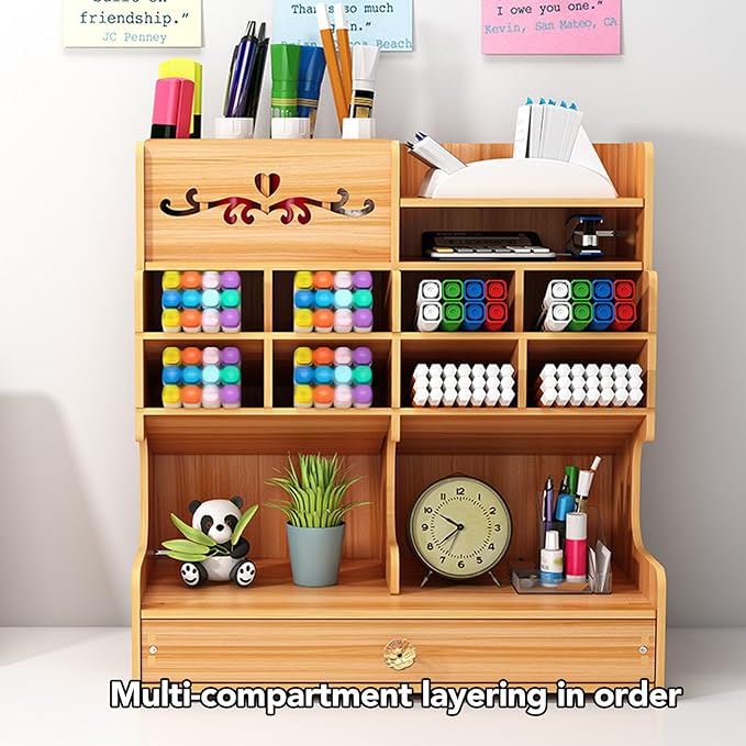 TOPINCN Wooden Office Desk Organizer for Desktop, Multi Functional Pencil Pen Holder Caddy Countertop Stationery Storage Box, Easy Assembly Home Office Art Supplies Table Organizer