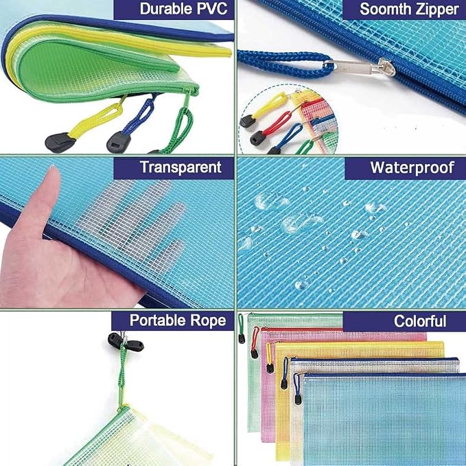 10 Pcs Mesh Zipper Pouch Document Bag, A6 Zip File Folders, Waterproof Plastic Documents Organizer Bags, for School Office Supplies Puzzles & Games Organizing Travel Storage(9.2 x 4.2 Inches 5 Colors)