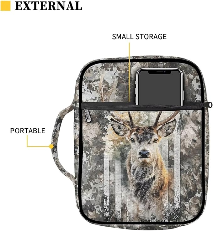 Suobstales Deer Hunting Camo Print Bible Covers for Women Men American Flag Design Lightweight Bible Bag Bible Accessories with Handle and Zippered Pocket Bible Tote Bag for Kids