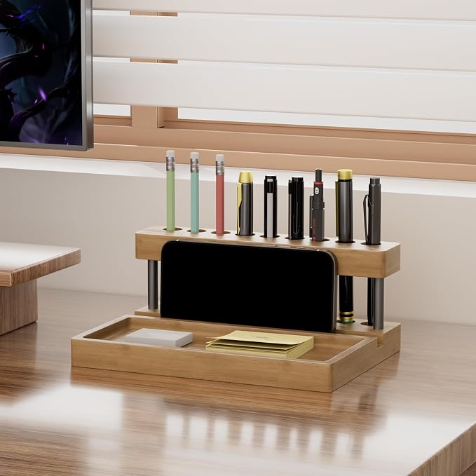 Wooden Holder for Office Desk, Solid Wood Pen Display Stand With 9 Slots and Cell Phone Holder, Aesthetic Pen Organizer for Minimalist Office Desk Decor (Tray+Black)