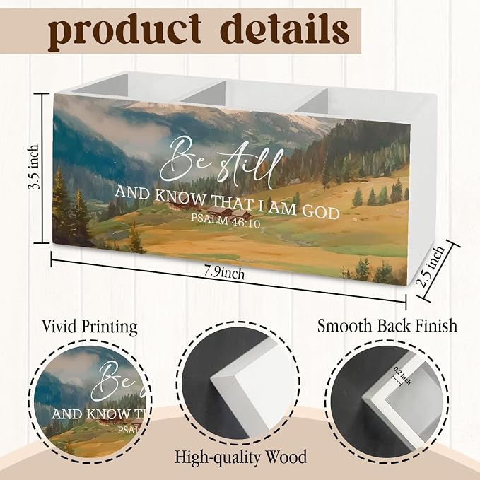 Christian Pen Pencil Holder Organizer for Desk Accessories, Be Still Psalm 46:10 Bible Verse Scripture Wooden Box Sign Desk Decor for Home Bedroom Office Decoration, Christian Gifts for Women