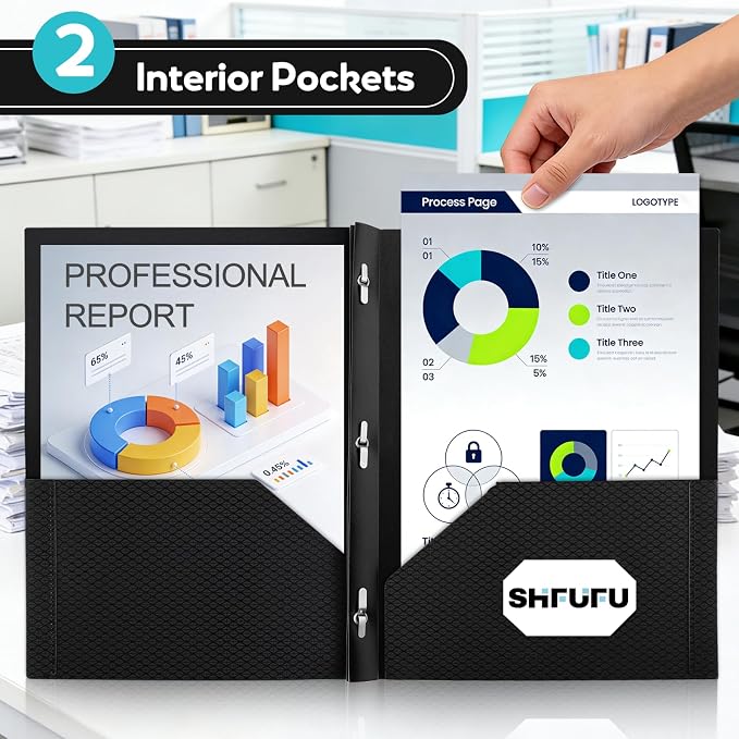Textured 2 Pocket Folder with 3 Prongs,3 Pack Letter Size 8.5x11, Heavy Duty Textured Folder with Metal Fasteners for School, Office & Business (Black)