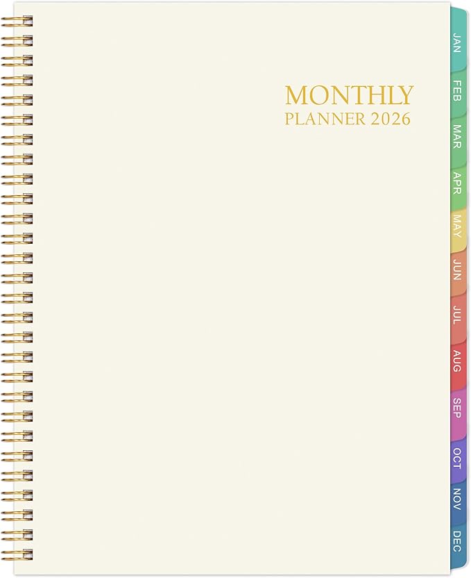 2026 Monthly Planner - Monthly Calendar 2026, 8'' x 10'', Transparent PP Cover, Colorful 12 Months Tabs, JAN 2026-DEC 2026, 2026 Calendar Planner with 2-Sides Pockets - Off white