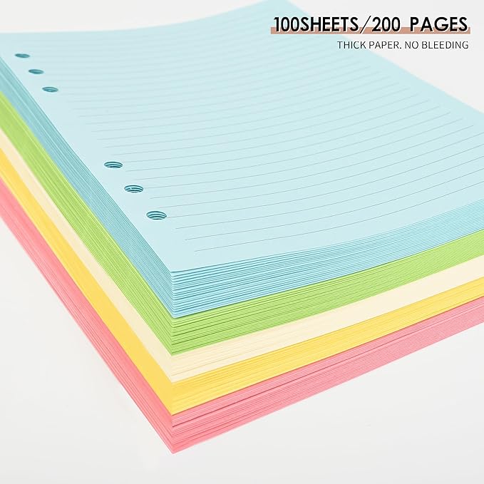Lined Refill Paper,A5 Colorful Ruled Journal Fillers for 6-Ring Binder, Planner Inserts,5-color 120 GSM Thick Loose Leaf Paper,100 Sheets/200 Pages(100, A5（8.26x5.6in）)