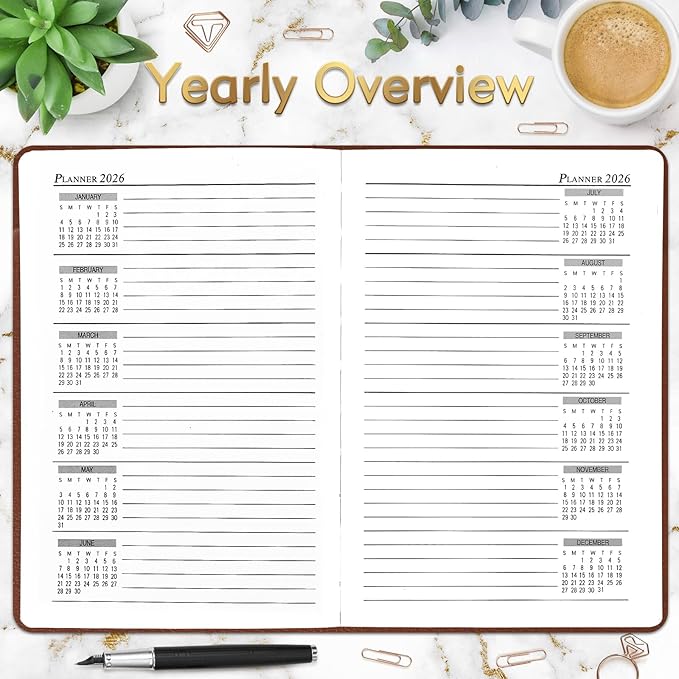 KESOTE 2026 Daily Hourly Planner - One Page a Day, 2026 Diary 5.7 x 8.3" Hardcover Weekly Monthly Planner Agenda 12 Month, A5 Notebook, Brown