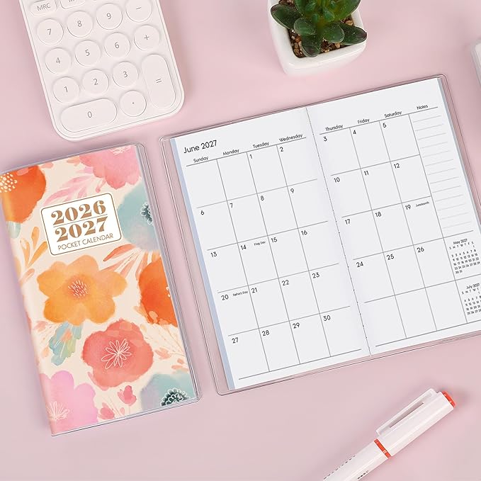 Pocket Calendar 2026-2027, Small Pocket Planner 2026 for Purse - 6.7" x 3.7" - From January 2026 - December 2027, Daily Monthly Agenda with PVC Cover for Planning