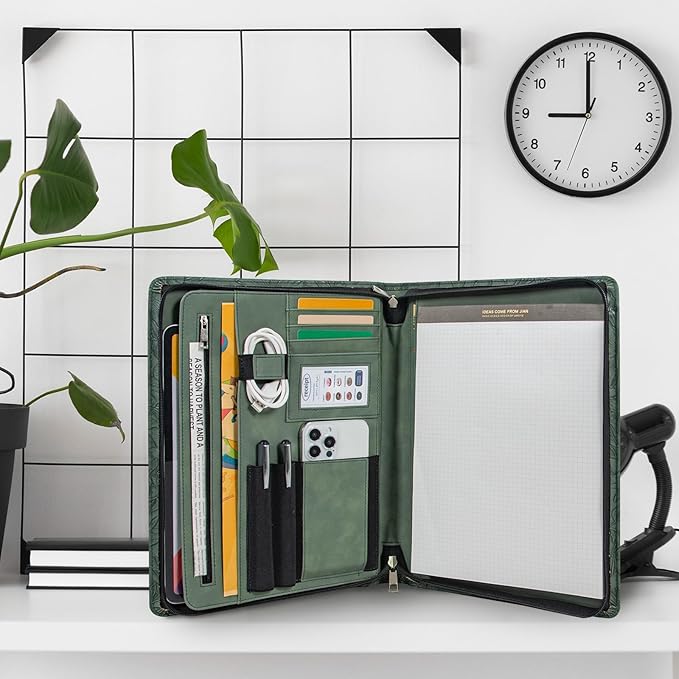 Calfinder Vegan Leather Portfolio with Zipper, Professional Business Padfolio with A4 Writing Pad Holder, Green Christmas Gifts, Resume Folder for Men and Women (Dark Green, Customized)