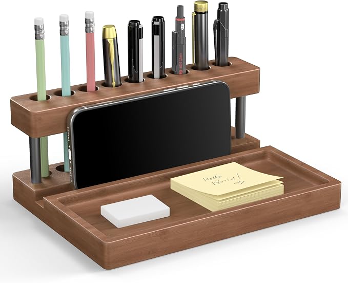 Wooden Holder for Office Desk, Solid Wood Pen Display Stand With 9 Slots and Cell Phone Holder, Aesthetic Pen Organizer for Minimalist Office Desk Decor (Tray+Black)