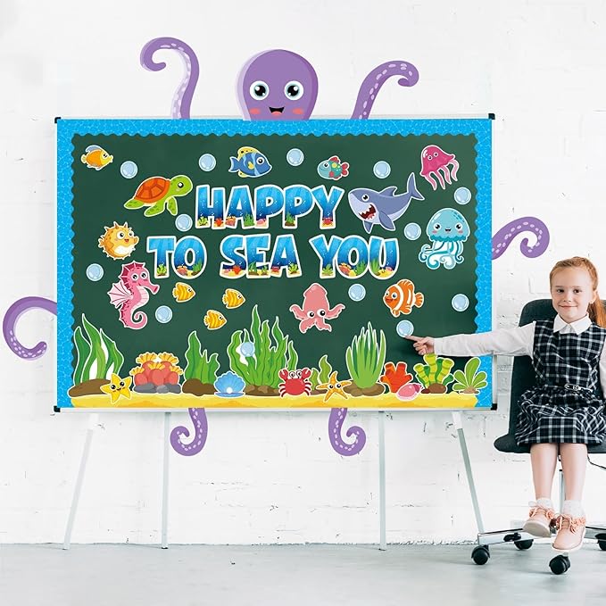 Ocean Bulletin Board Set Under the Sea Summer Classroom Bulletin Board Decoration Octopus Fish Animals Cutouts Ocean Wave Border Happy to Sea You Cutout for Education Craft Back to School Supply Decor