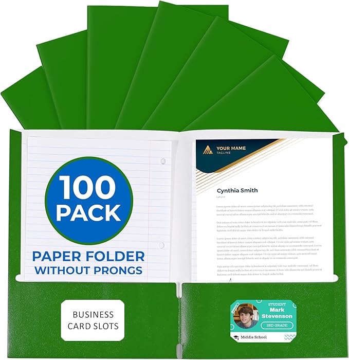 100 Pack Green 2 Pocket Paper Folders. EPI Heavy Duty, Bulk Folders with Pockets and Business Card Slots. Colored Letter Size Document Organizers. Durable Portfolio for School, College, Office Files