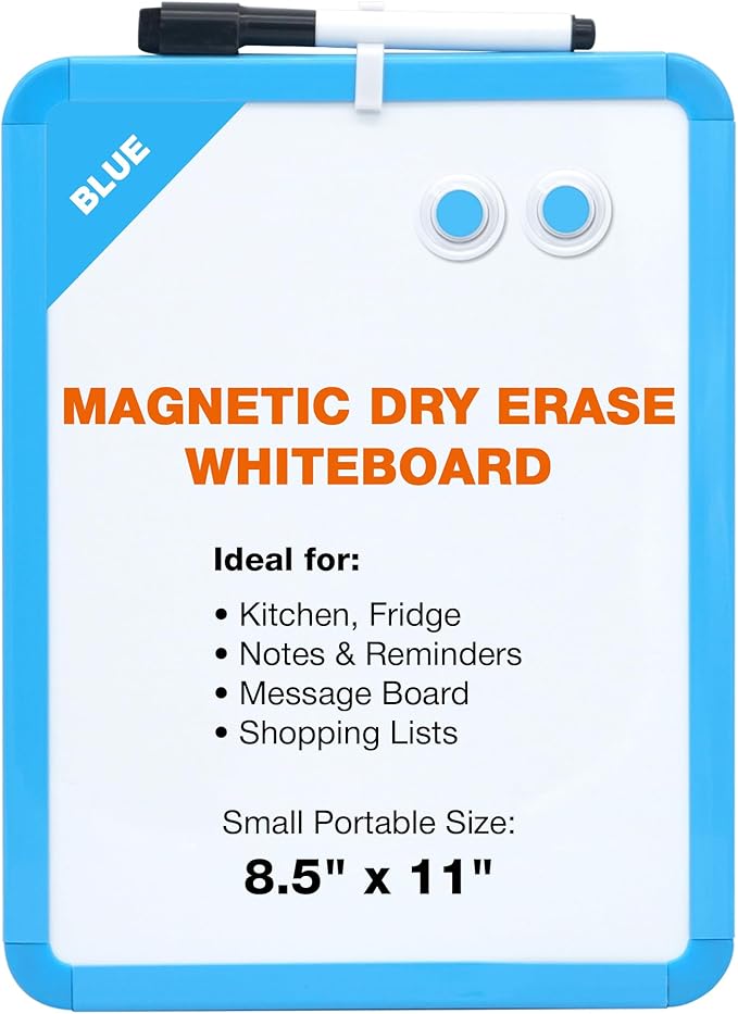 Magnetic Dry Erase Board for School Locker, 8.5" x 11", Blue-Framed with Marker and 2 Magnets - Small Whiteboard for School, Home, Office, Travel