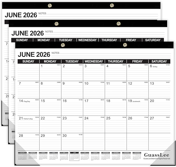 GuassLee Large Desk Calendar 2026, 3 Packs, 19 Months from Jun. 2026 to Dec. 2027, 22" x 17" Desk/Wall Calendar Hanging Planner with Julian Date, Notes, Corner Protectors for School Home Office