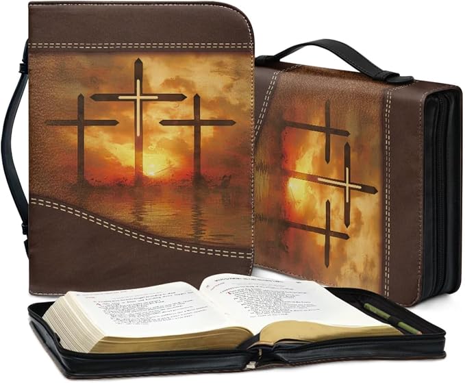 Vintage Sunrise and Cross Bible Case with Bookmark Waterproof Bible Cover Case for Women Lightweight Bible Bag with Handle Pockets Church Book Bag Brown