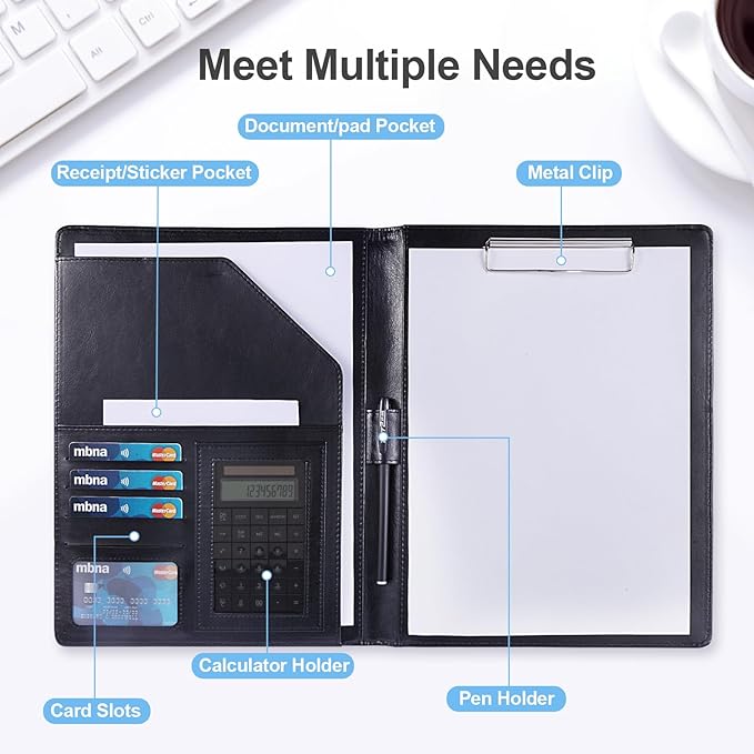 Portfolio Binder, A4 Size Padfolio for Women and Man, Washable Leather Binder, Resume Portfolio Organizer, Black Clipboard Folder Used in Business Meeting, Interview,etc.