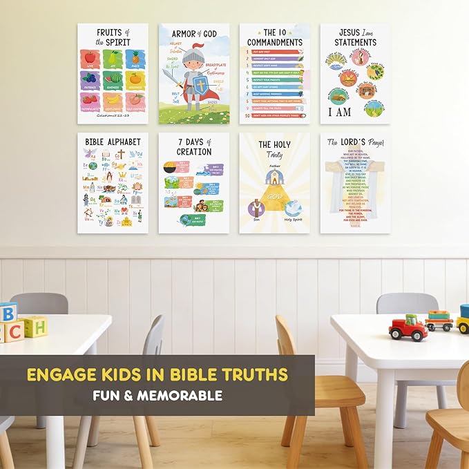 12 PCS Kids Bible Education Posters Set (11x17") - Biblical Learning Charts for Sunday School Classroom Christian Religious Home Wall Decor, Books of the Bible, 10 Commandments & More