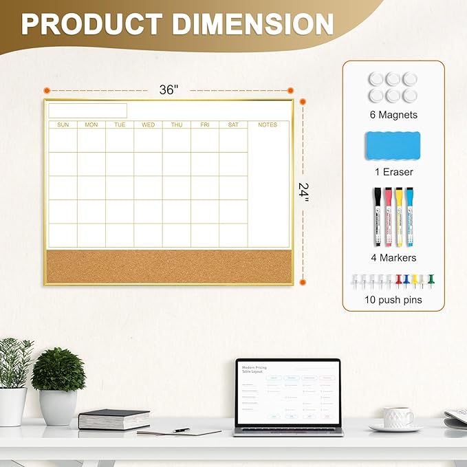Large Dry Erase Calendar Whiteboard for Wall, 36'' x 24'' Monthly White Board Planner with Gold Frame and Corkboard, Magetic Hanging Wipe Board for Home Office School Dorm