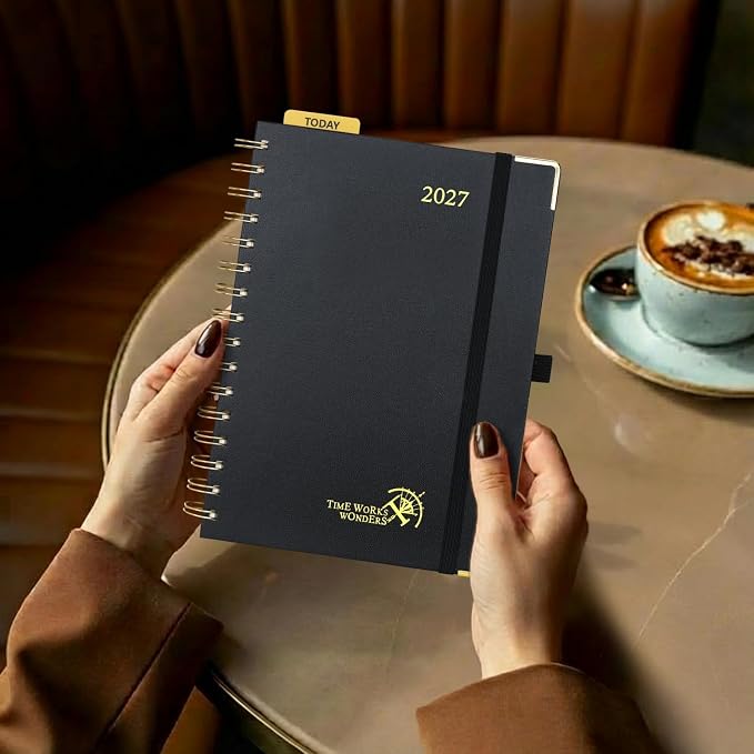POPRUN 2027 Planner Daily Weekly and Monthly Calendar with Hourly Schedule(Medium Size 8.5'' x 6.25'' Wire-Bound Hard Cover) - Agenda 2026 (Jan.2027-Dec.2027), Monthly Tabs - Dark Green