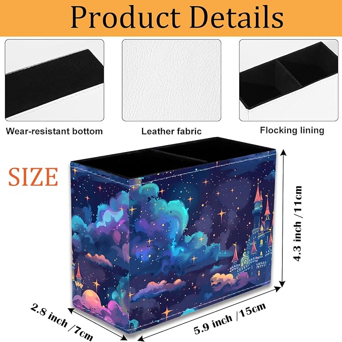Pen Holder for Desk, PU Leather Multifunctional Desktop Storage Box and Anti-Slip Mouse Pad Set, Makeup Brush Holder Pen Organizer for Office and Home - Astral Cloud Castle