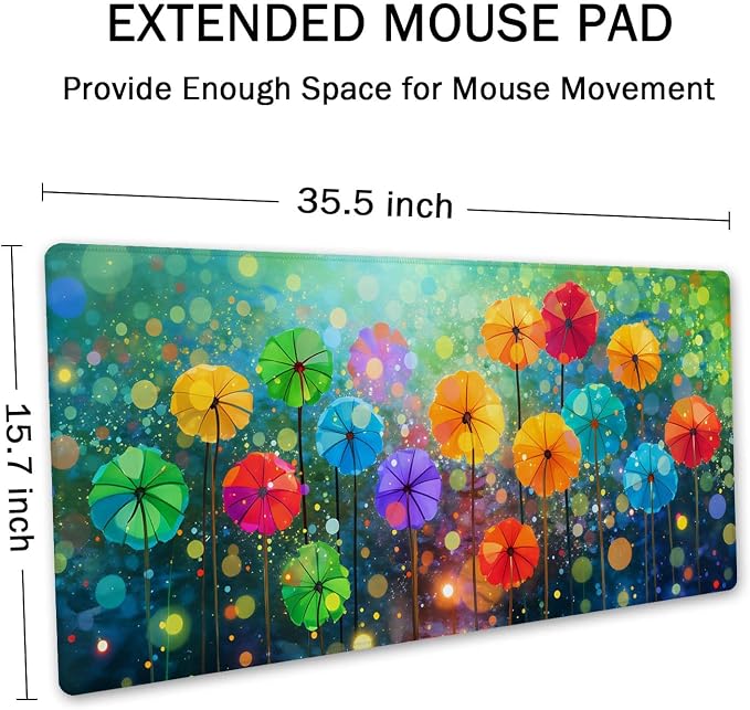 SSOIU Desk Mat, Extended Gaming Mouse Pad 35.5x15.7 in, Large Non-Slip Rubber Base Mousepad with Stitched Edges, Waterproof Keyboard Mouse Mat Desk Pad for Work, Game, Office, Home - Watercolor Floral