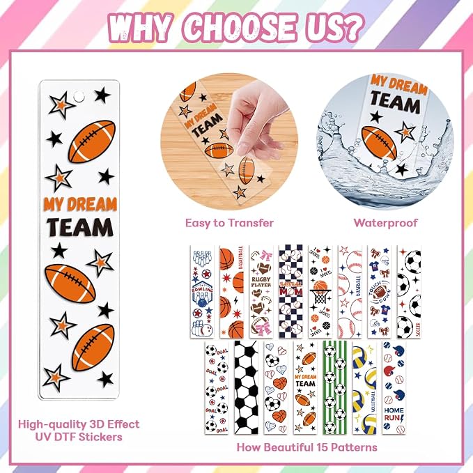 Peacoblue 30pcs UV DTF Bookmarks Transfer Stickers Wraps Sport Ball Series for Women Men Reading, Waterproof Bookmarkers Decal(No Blank Bookmarks) for Acrylic Plastic Metal Blank Bookmark