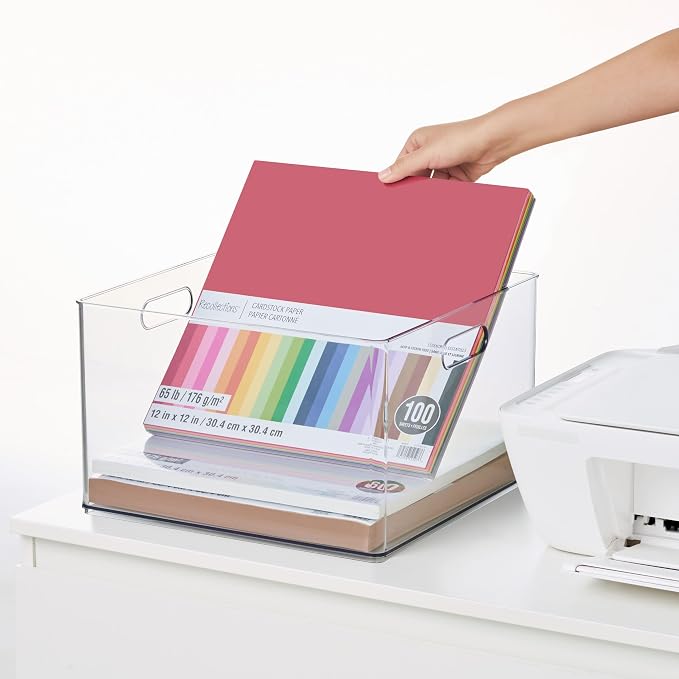 Simply Tidy 13" x 13" Clear Storage Bin with Handles - Stackable Plastic Organizer for Paper, Crafts, and Office Supplies - 1 Pack