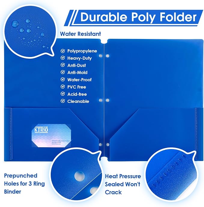 KTRIO 12 Pack Plastic Pocket Folders, 3 Hole, Letter Size, 6 Assorted Color | 3 Hole Punched, 2 Pocket Storage, Water-Resistant PP, Business Card Slot, 6 Assorted Colors