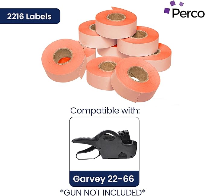 Perco Fluorescent Red Garvey 2216 Pricing Labels for Garvey 22-66/22-77/22-88 Two Line Pricing Gun - 90 Rolls, 10 Sleeves - 90,000 Pricemarking Labels and 10 Inkers Included