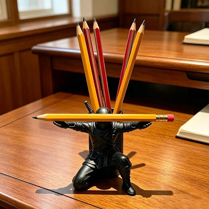 Ninja Pen Holder Desk Organizer–Unique Pen Stand, 3D Printed Cool Desk Decor Office Accessories for Men Women (Black)
