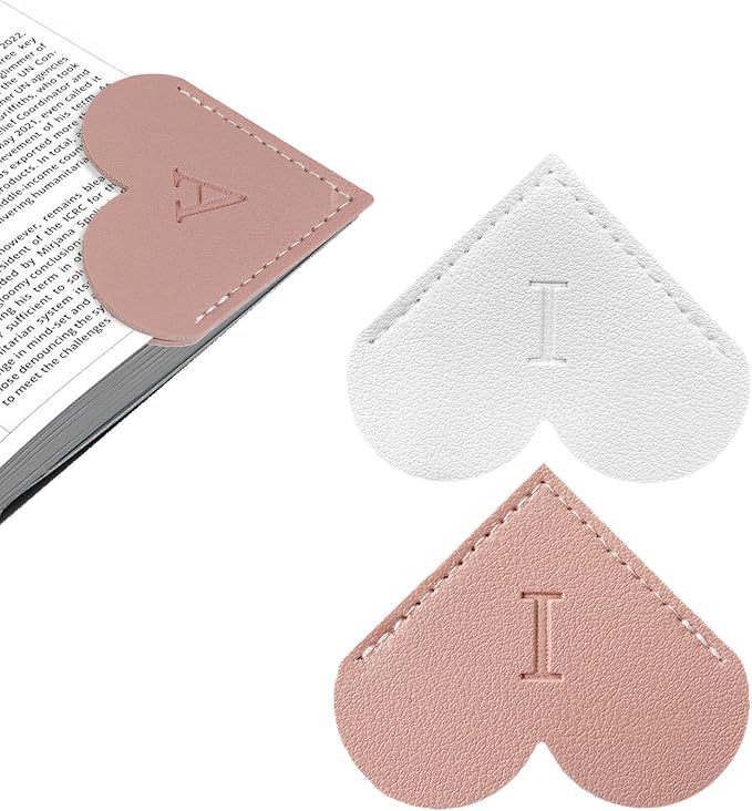 2Pcs Personalized Leather Heart Bookmark with Initial, 26 Letters Custom Corner Page Book Mark for Reading Women, Book Lovers, Teachers, Students, Cute Book Accessories Gifts(White+Pink, I)