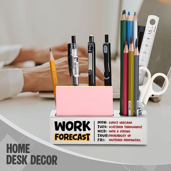 FOKCBOCM Funny Office Pen Holder with Work Forecast Design, Stainless Steel Desk Organizer Gift for Coworker, Sarcastic Workplace Humor Desk Decor, Text Style Desk Accessory-DS127