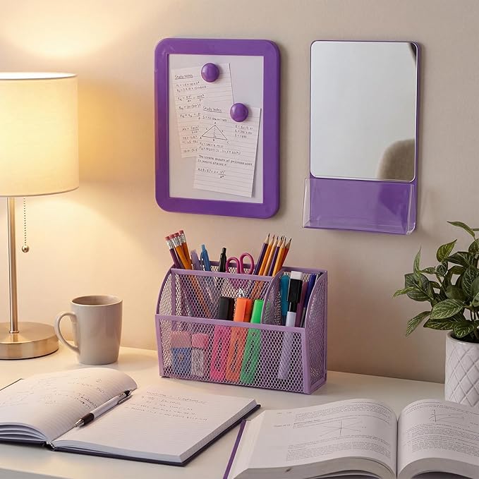 Fuyoooo Magnetic Locker Accessories Back to School Essentials Include Magnetic Mirror with Holder Magnet Mesh Pen Holder Small Whiteboard and Magnet for Office School Locker Organizer(Classic,Purple)