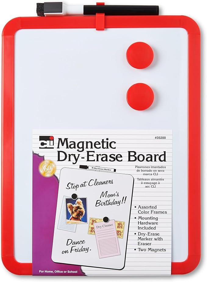 Framed Magnetic Dry Erase Board with Marker & Magnets, Assorted Colors, 8.5" x 11", Pack of 1