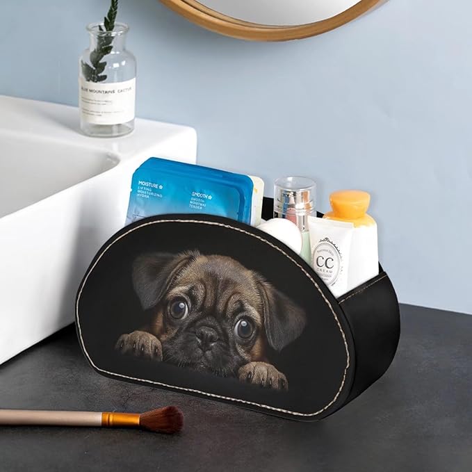 Forchrinse Pug Remote Control Holder with 5 Compartments-PU Leather Remote Caddy Desktop Organizer Storage for Remote Controllers,Office Supplies